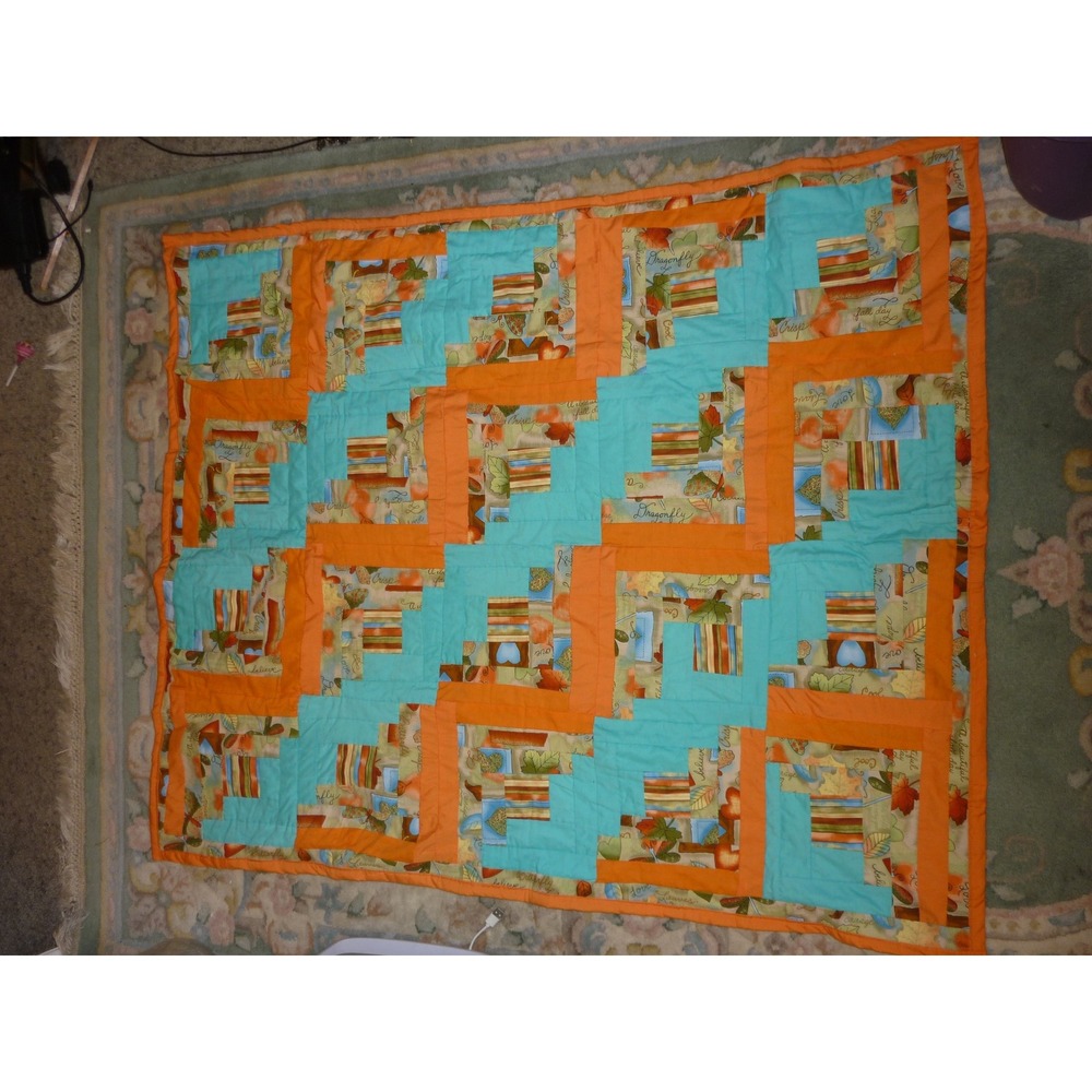 Handmade Patchwork Quilt Lap Throw 37x46" Autumn Fall Pumpkin Orange Aqua Blue